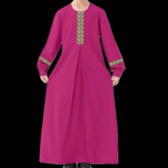 Abetteric Kids Girls Long Sleeve Abaya Dress Muslim Islamic Kaftan Printed Maxi - Picture 4 of 14